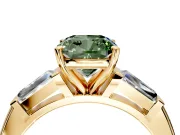 3 Stone Engagement Ring Setting for Fancy Green Cushion Cut Center with Tapered Baguettes, Plain Band and Prong Head in Yellow Gold