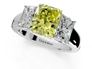 3 Stone Engagement Ring Setting for Fancy Yellow Radiant Cut Center with Raised Basket Heads and Prong Head in Platinum