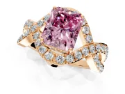 Halo Engagement Ring Setting for Fancy Pink Radiant Cut Center with Pave Infinity Twist Band and Prong Head in Rose Gold