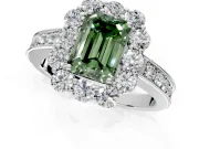 Halo Engagement Ring Setting for Fancy Green Emerald Cut Center with Milgrain Channel Band and Prong Head in White Gold