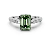 Cathedral Engagement Ring Setting for Fancy Green Emerald Cut Center with Antique-Style Pave Band and Prong Head in White Gold
