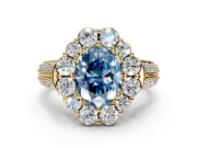 Large Accent Halo Engagement Ring Setting for Fancy Blue Oval Center with Pave Split Shank and Prong Head in Yellow Gold