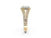 Halo Engagement Ring Setting for Asscher Cut Center with Narrow Pave Split Shank and Prong Head in Yellow Gold