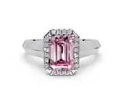 Halo Engagement Ring Setting for Fancy Pink Emerald Cut Center with Knife Ridge Cathedral Band and Prong Head in Sterling Silver