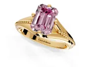 Solitaire Engagement Ring Setting for Fancy Pink Emerald Cut Center with Milgrain Cathedral Band and Prong Head in Yellow Gold