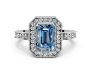 Halo Engagement Ring Setting for Fancy Blue Emerald Cut Center with Milgrain Halo, Pave Band and Prong Head in Sterling Silver