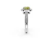 Milgrain Halo Engagement Ring Setting for Fancy Yellow Cushion Cut Center with Three-Sided Pave Band and Prong Head in Platinum