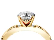 Solitaire Engagement Ring Setting for Oval Center with Milgrain-Edged Pave Band and Prong Head in Yellow Gold