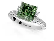 Paired Accent Engagement Ring Setting for Fancy Green Princess Cut Center with Pave Band and Prong Head in White Gold