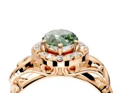 Halo Engagement Ring Setting for Fancy Green Marquise Center with Open Scroll Shoulders and Prong Head in Rose Gold