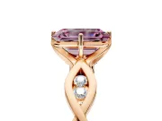 Solitaire Engagement Ring Setting for Fancy Pink Emerald Cut Center with Accented Twist Band and Leaf Prong Head in Rose Gold