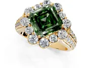 Large Accent Halo Engagement Ring Setting for Fancy Green Asscher Cut Center with Pave Split Shank and Prong Head in Yellow Gold