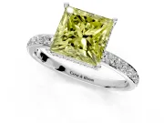 Hidden Halo Engagement Ring Setting for Fancy Yellow Princess Cut Center with Pave Band and Prong Head in Platinum