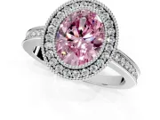 Halo Engagement Ring Setting for Fancy Pink Oval Center with Milgrain Halo, Pave Band and Prong Head in White Gold