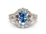 Halo Engagement Ring Setting for Fancy Blue Oval Center with Two-Strand Split Shank and Prong Head in Rose Gold