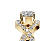Halo Engagement Ring Setting for Cushion Cut Center with Pave Infinity Twist Band and Prong Head in Yellow Gold