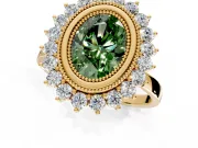 Halo Engagement Ring Setting for Fancy Green Oval Center with Milgrain Bezel Rim, Plain Band and Prong Head in Yellow Gold