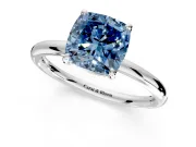 Low-Set Solitaire Engagement Ring Setting for Fancy Blue Cushion Cut Center with Thin Plain Band and Prong Head in Sterling Silver