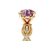 Solitaire Engagement Ring Setting for Fancy Pink Round Cut Center with Marquise Panel Band and Prong Head in Yellow Gold
