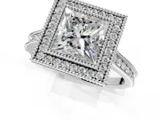 Halo Engagement Ring Setting for Princess Cut Center with Milgrain Pave Band and Bezel Head in Sterling Silver