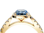 Halo Engagement Ring Setting for Fancy Blue Emerald Cut Center with Full Pave Band and Prong Head in Yellow Gold