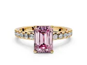 Solitaire Engagement Ring Setting for Fancy Pink Emerald Cut Center with Large Accents and Prong Head in Yellow Gold