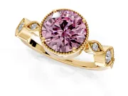 Vintage Station Engagement Ring Setting for Fancy Pink Round Cut Center with Accents and Prong Head in Yellow Gold