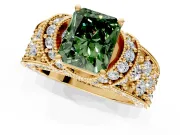 Pave Engagement Ring Setting for Fancy Green Radiant Cut Center with Curved Accent Rows, Openwork and Prong Head in Yellow Gold