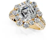 Large Accent Halo Engagement Ring Setting for Asscher Cut Center with Pave Split Shank and Prong Head in Yellow Gold