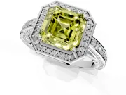 Halo Engagement Ring Setting for Fancy Yellow Asscher Cut Center with Framed Halo, Pave Band and Prong Head in White Gold