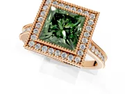 Halo Engagement Ring Setting for Fancy Green Princess Cut Center with Milgrain Pave Band and Bezel Head in Rose Gold