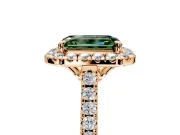 Halo Engagement Ring Setting for Fancy Green Emerald Cut Center with Raised Halo, Pave Band and Prong Head in Rose Gold