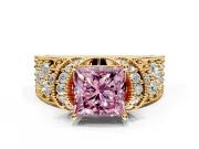 Pave Engagement Ring Setting for Fancy Pink Princess Cut Center with Curved Accent Rows, Openwork and Prong Head in Yellow Gold