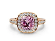 Bezel-Framed Halo Engagement Ring Setting for Fancy Pink Cushion Cut Center with Pave Band and Prong Head in Rose Gold