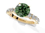 Shared-Prong Engagement Ring Setting for Fancy Green Round Cut Center with Graduated Accents and Prong Head in Yellow Gold