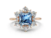 Small-Accent Cluster Halo Engagement Ring Setting for Fancy Blue Princess Cut Center with Plain Band and Prong Head in Rose Gold