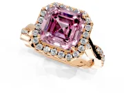 Halo Engagement Ring Setting for Fancy Pink Asscher Cut Center with Twist Band and Prong Head in Rose Gold