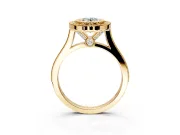 Halo Engagement Ring Setting for Oval Center with Milgrain Frame, Pave Band and Prong Head in Yellow Gold