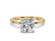 Hidden Halo Engagement Ring Setting for Cushion Cut Center with Thin Rounded Band and Prong Head in Yellow Gold