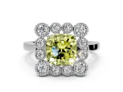 Cluster Halo Engagement Ring Setting for Fancy Yellow Cushion Cut Center with Milgrain Bezel Accents and Prong Head in Platinum
