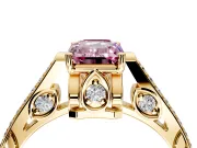 Cathedral Engagement Ring Setting for Fancy Pink Emerald Cut Center with Antique-Style Pave Band and Prong Head in Yellow Gold