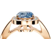 Bezel-Framed Halo Engagement Ring Setting for Fancy Blue Cushion Cut Center with Pave Band and Prong Head in Rose Gold
