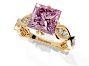 Solitaire Engagement Ring Setting for Fancy Pink Princess Cut Center with Accented Twist Band and Leaf Prong Head in Yellow Gold