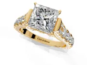 Solitaire Engagement Ring Setting for Princess Cut Center with Pave Cathedral Shoulders and Prong Head in Yellow Gold