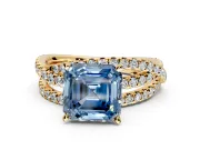 Solitaire Engagement Ring Setting for Fancy Blue Asscher Cut Center with Woven 3-Strand Pave Band and Prong Head in Yellow Gold