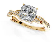 Solitaire Engagement Ring Setting for Cushion Cut Center with Twisted Pave Band and Prong Head in Yellow Gold