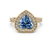 Halo Engagement Ring Setting for Fancy Blue Heart-Shaped Center with Milgrain Pave Band and Bezel Head in Yellow Gold