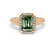Halo Engagement Ring Setting for Fancy Green Emerald Cut Center with Knife Ridge Cathedral Band and Prong Head in Rose Gold
