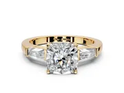 3 Stone Engagement Ring Setting for Cushion Cut Center with Tapered Baguettes, Plain Band and Prong Head in Yellow Gold