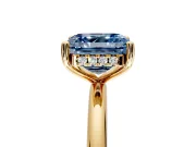 Hidden Halo Engagement Ring Setting for Fancy Blue Asscher Cut Center with Thin Round-Wire Band and Prong Head in Yellow Gold